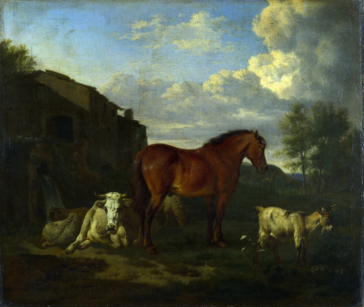 建物の近くの馬、牛、山羊、3頭の羊 作： Adriaen van de Velde