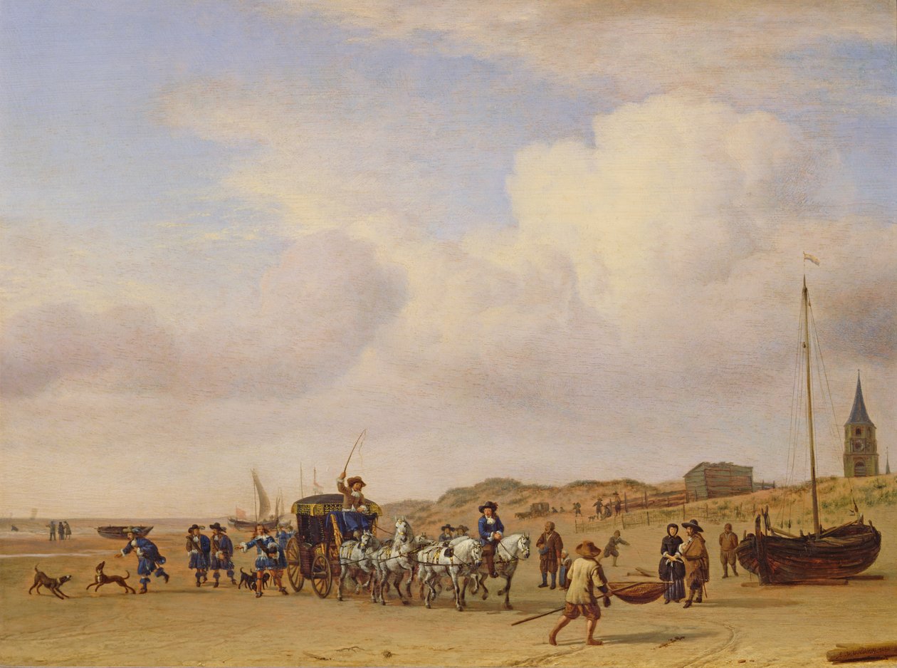 スケベニンゲンのビーチでの高貴な馬車、1660年 作： Adriaen van de Velde