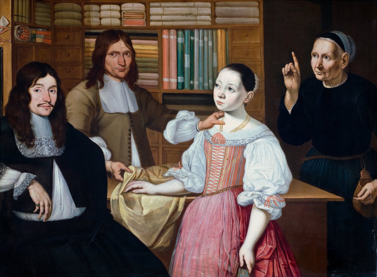 ドレイパーズショップ、1670年（銅に油彩） 作： アドリアーン・ブルーム