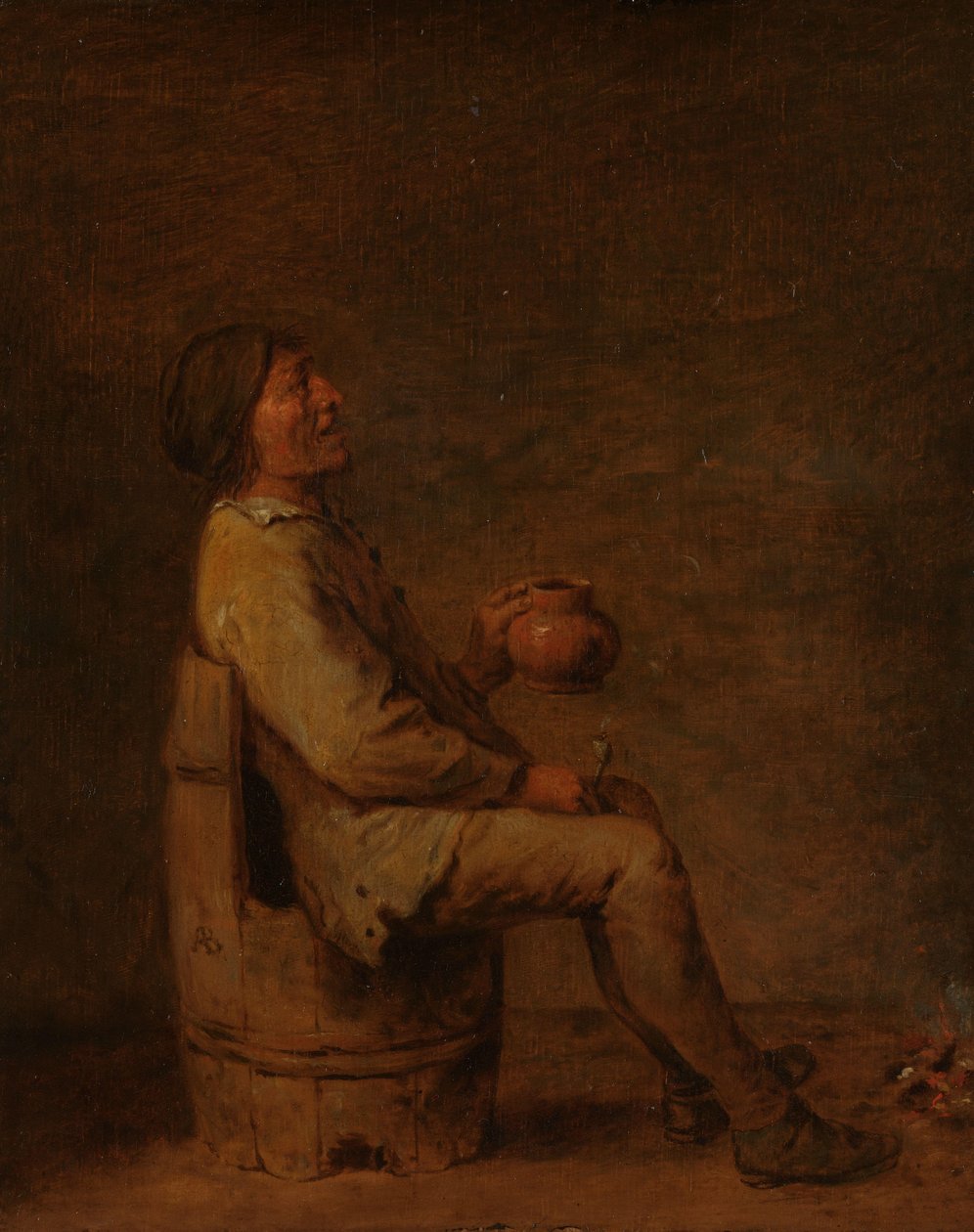 インテリアにパイプと水差しを持って座っている男性 作： Adriaen Brouwer（おそらく後でコピー）