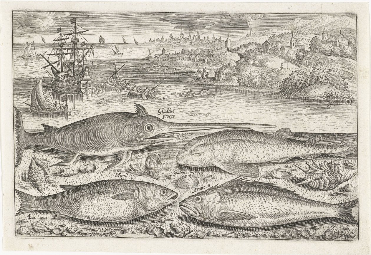 ビーチで 4 匹の魚 釣り（連載タイトル） Piscium v​​ivae アイコン (シリーズ タイトル) 作： アドリアーン・コラールト