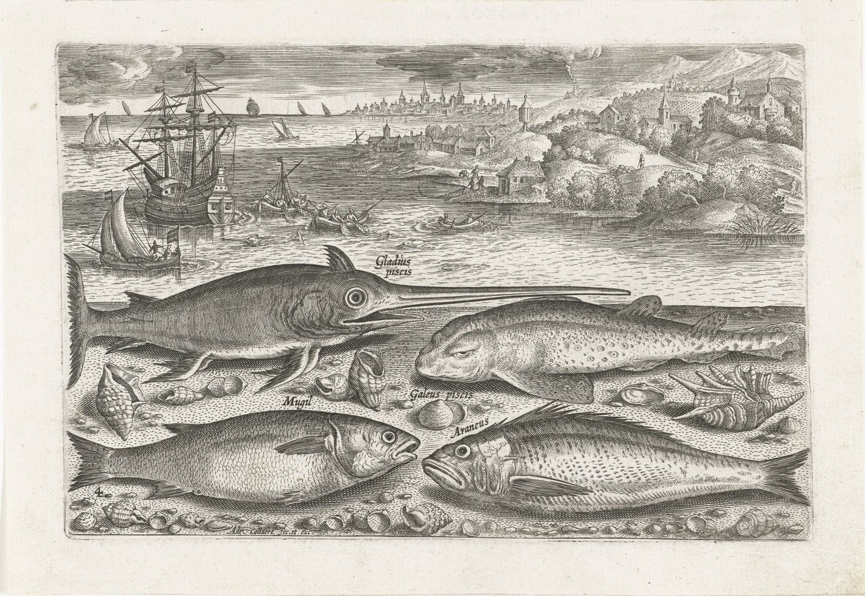 ビーチで 4 匹の魚 釣り（連載タイトル） Piscium v​​ivae アイコン (シリーズ タイトル) 作： アドリアーン・コラールト