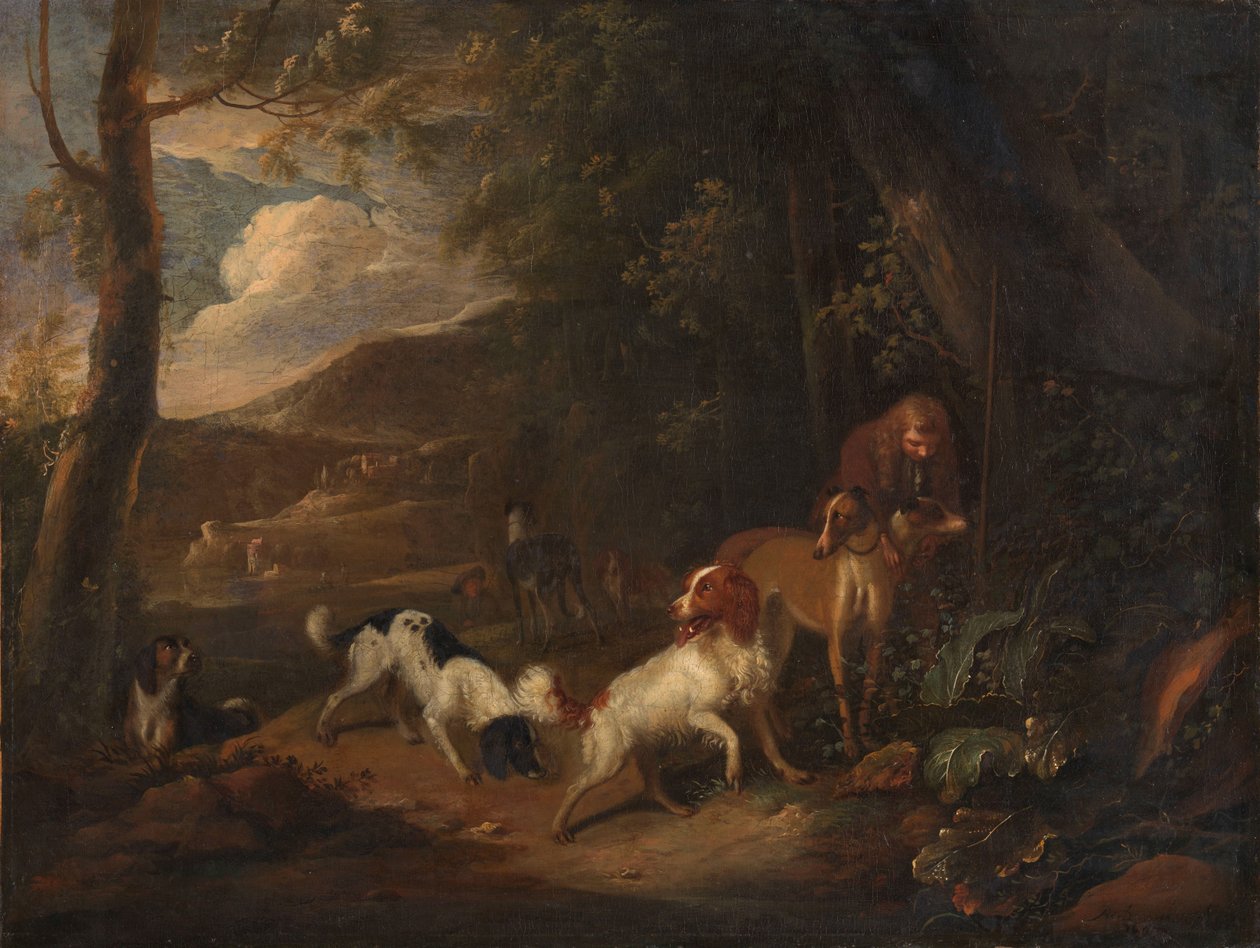 森の端で猟犬を持つハンター 作： Adriaen Cornelisz Beeldemaker