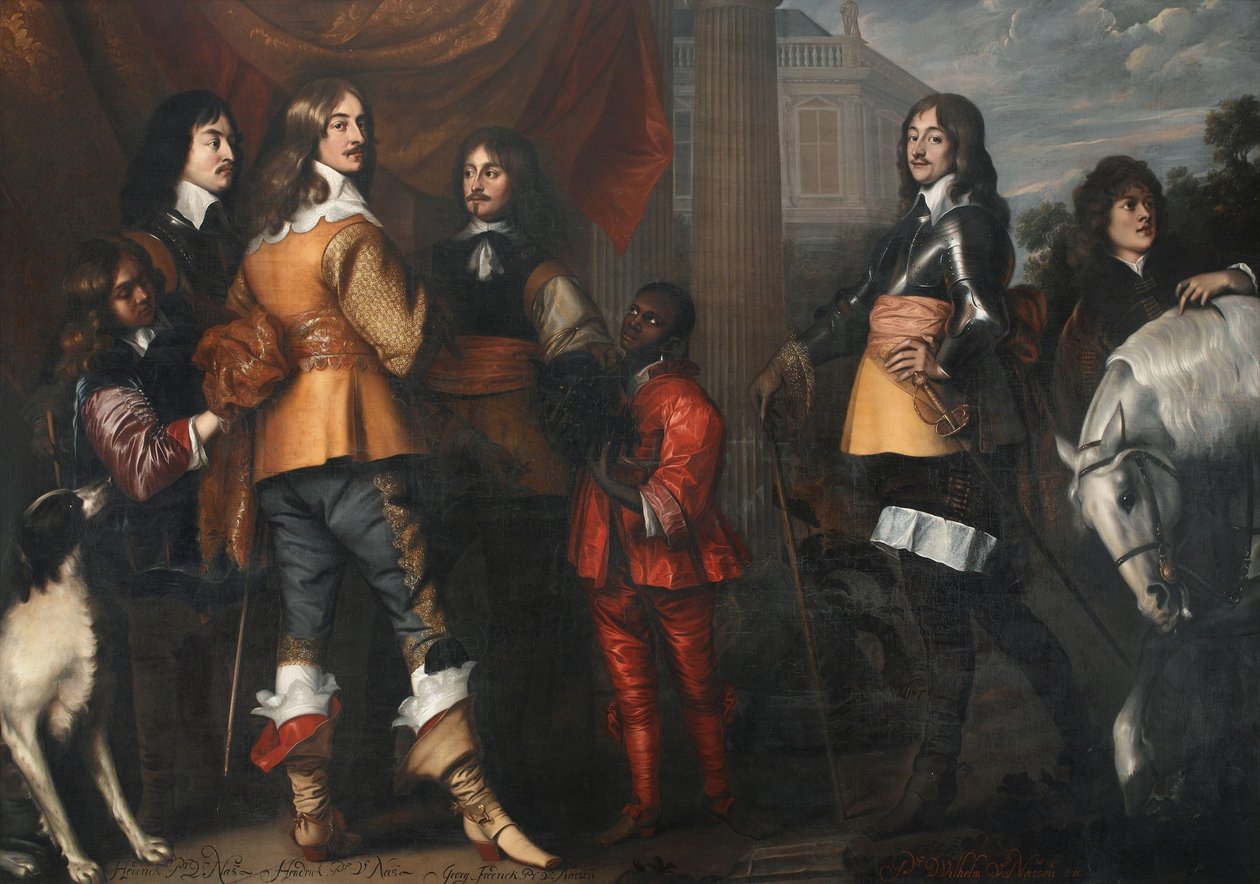 Gruppenporträt von Willem Frederik van Nassau-Dietz (1613-1664), Hendrik Casimir I van Nassau-Dietz (1612-1640), Hendrik van Nassau-Siegen (1611-1652) und George Frederik van Nassau-Siegen (1606-1674), mit Dienern von Adriaen Hanneman