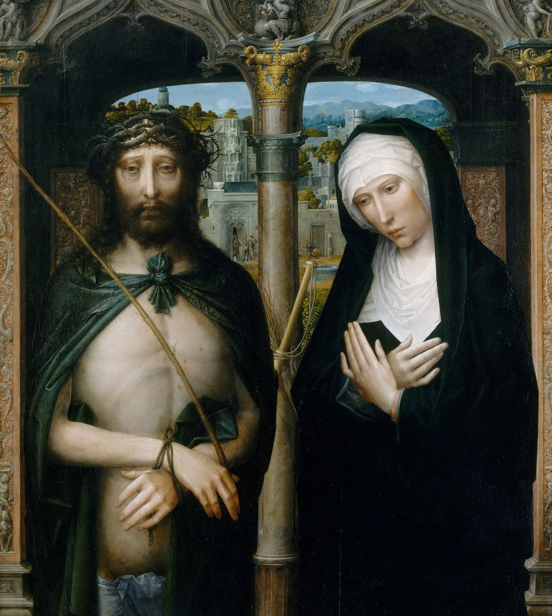 いばらの冠をかぶったキリスト Ecce Homo と喪に服す聖母 1530-40。 作： Adriaen Isenbrandt