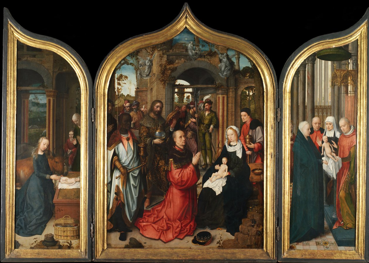 降誕、マギの崇拝、寺院でのプレゼンテーション、1510-12。 作： Adriaen Isenbrandt