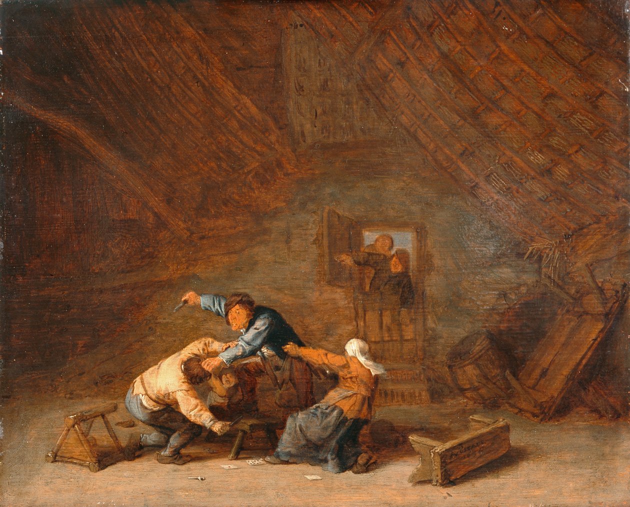 2人の農民が争う納屋の内部 作： Adriaen Janszバン（attr。to）オスタード