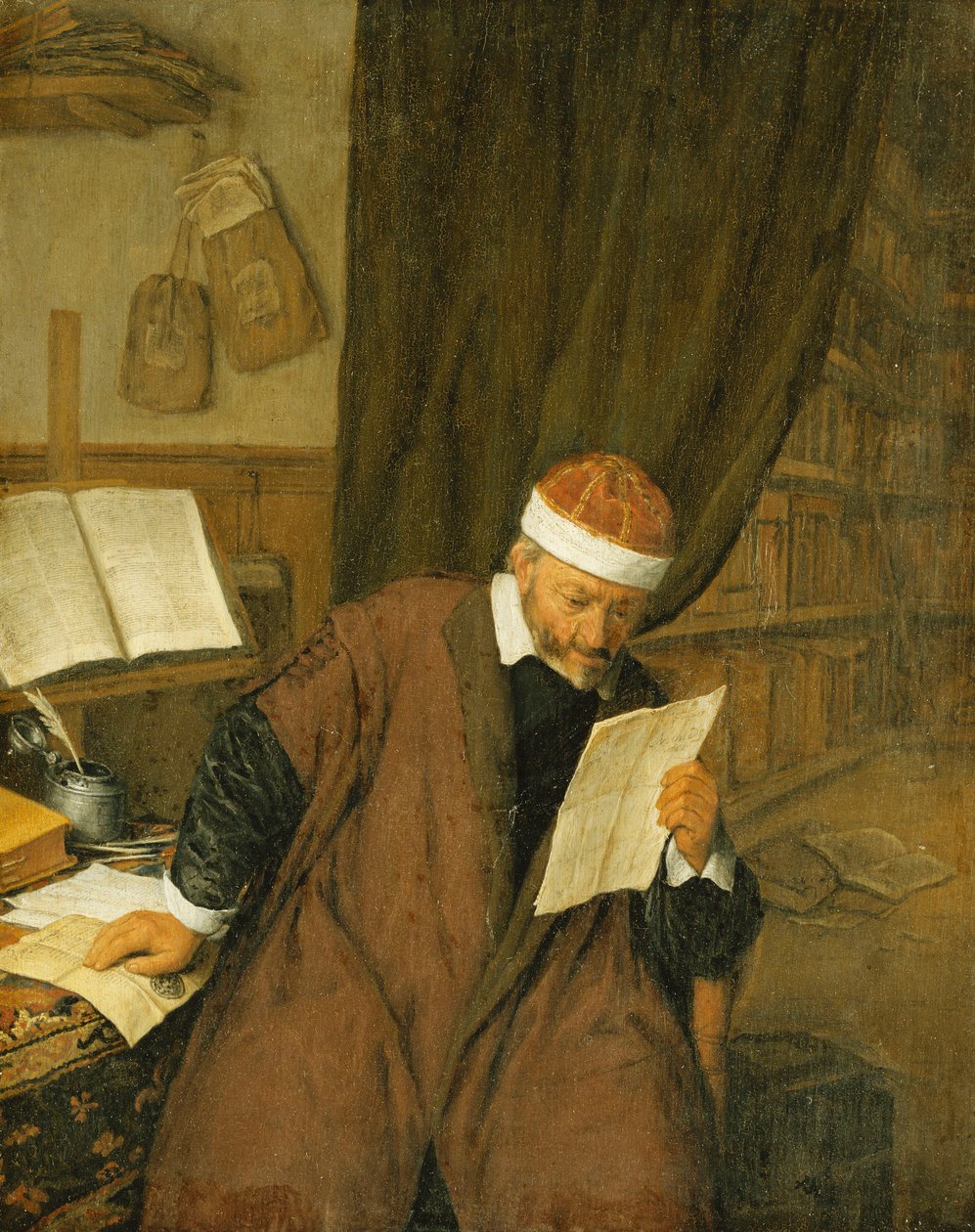 手紙を読んで机に座った弁護士、向こうの図書館、1668 作： アドリアン・ヤンス。ヴァン・オスターデ