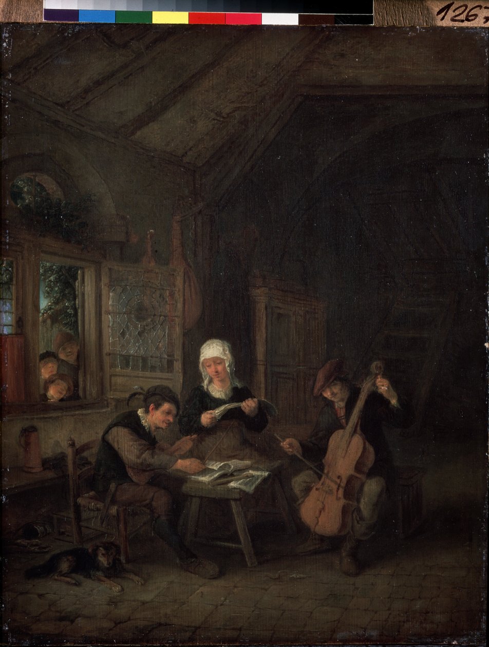 村の音楽家 (Rural Musicians)。 家で演奏するバイオリニストとチェリスト。 Adriaen Jansz Van Ostade (1610-1685) の絵画 作： アドリアン・ヤンス。ヴァン・オスターデ