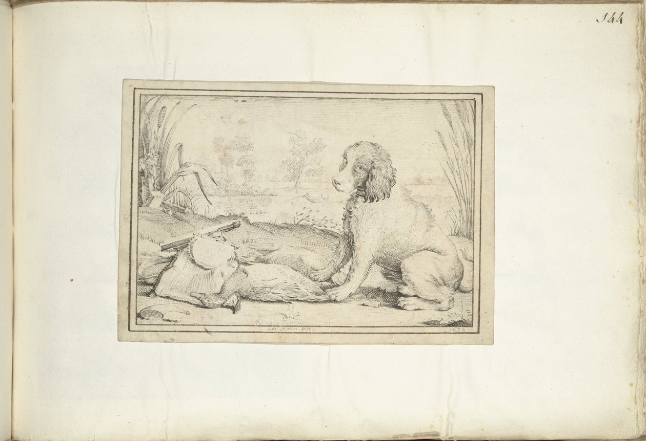 風景の中の狩猟用具と戦利品の横にある犬 作： Adriaen Matham（アーティストによる署名）