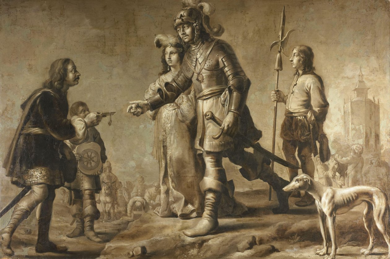 Boudewijn van Heusden (?-870) と彼の妻ソフィアがエドマンド王の特使から敬意を表して、c. 1626 作： Adriaen Pietersz van de Venne（の男）