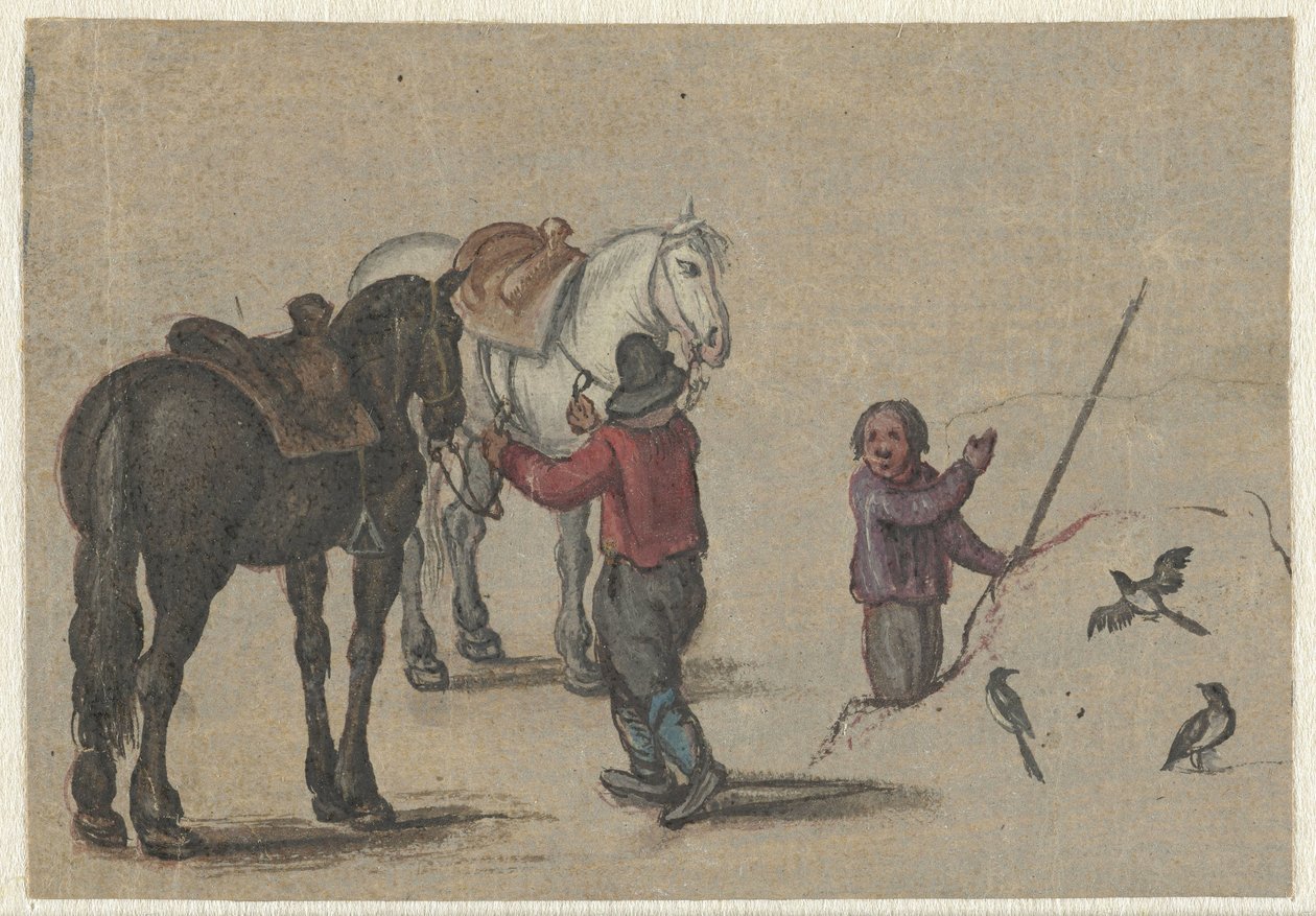 2 頭の馬を抱きかかえた男と鳥を連れた男 作： Adriaen Pietersz van de Venne（おそらく）