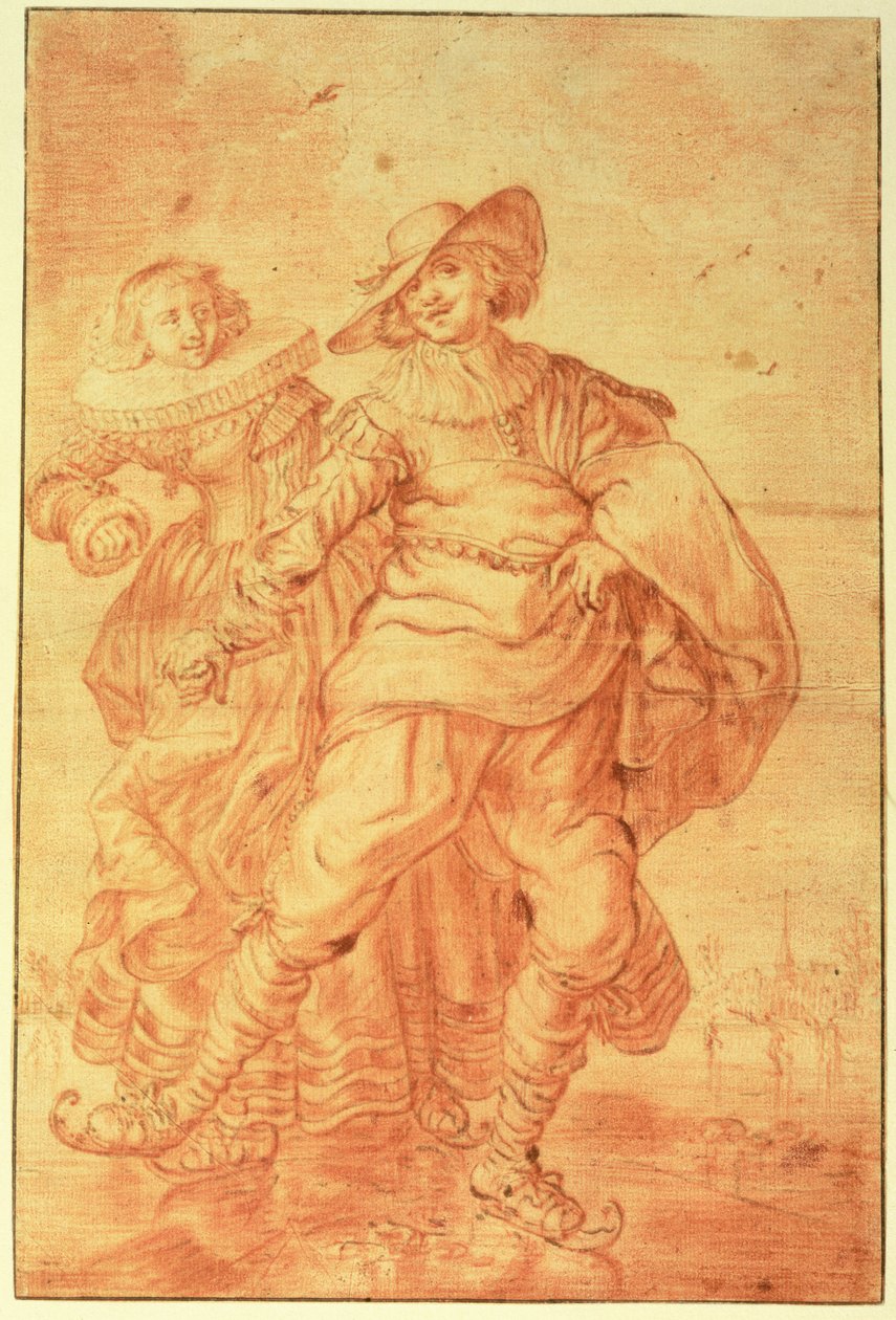 氷の上でスケートをする女性と紳士、c.1625（紙に赤いチョーク） 作： アドリアーン・ピーテルス・ファン・デ・ヴァン