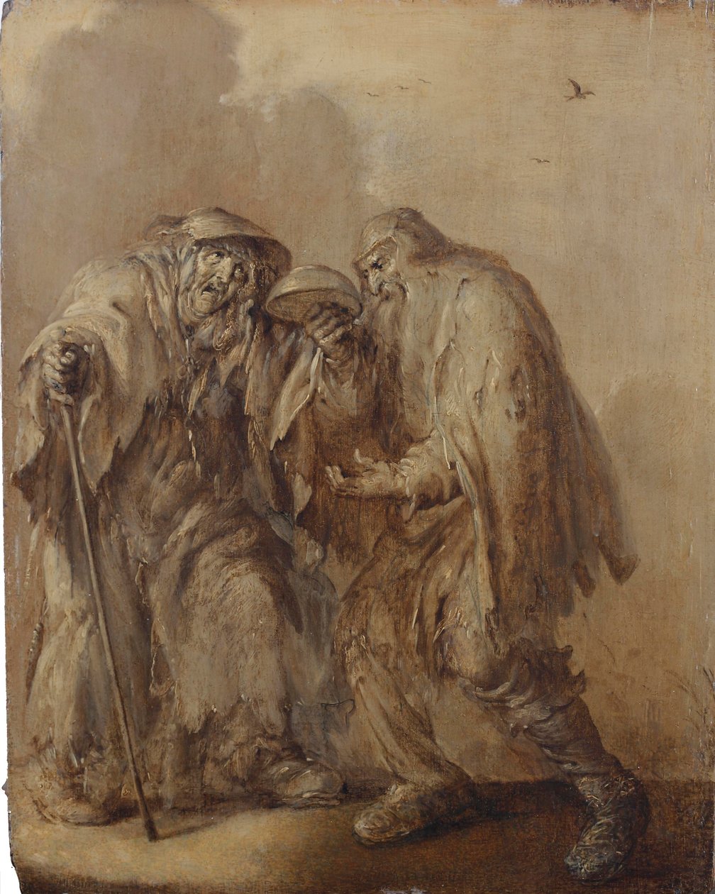 空の鉢をひっくり返した老乞食夫婦；アン・ブルネイユ（油彩・パネル） 作： Adriaen Pieterszヴァンデヴェンヌ