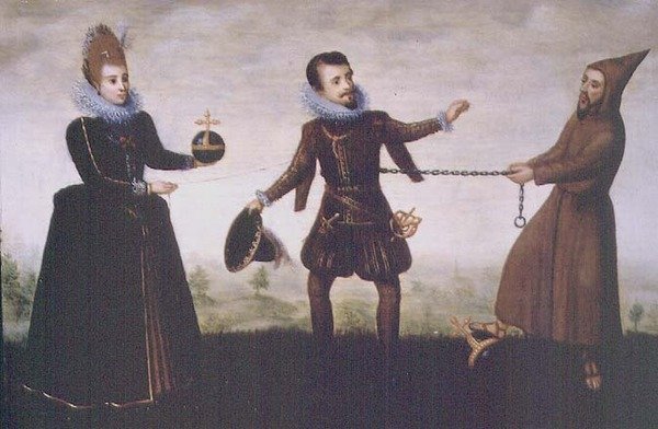 アルベール敬虔大公が1598年にイザベラ・クララ・エウジェニアと結婚するためにトレドの大司教職を放棄したことを風刺したもの。 作： Adriaen van de（のワークショップ）Venne