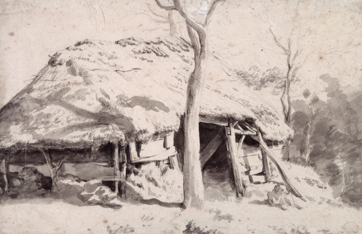 森の羊小屋 (チョークとウォッシュ) 作： Adriaen van de Velde