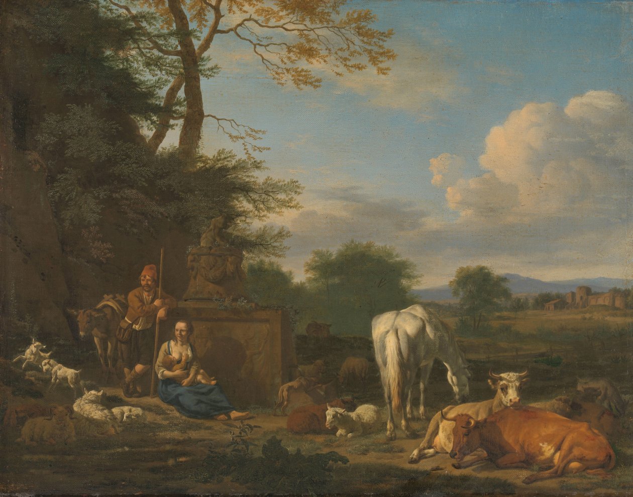 羊飼いと動物が休むアルカディアの風景 作： Adriaen van de Velde