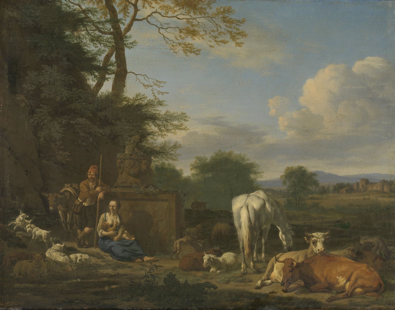 休憩中の羊飼いと動物のいるアルカディアンの風景、1664年（パネルのキャンバスに油彩） 作： Adriaen van de Velde