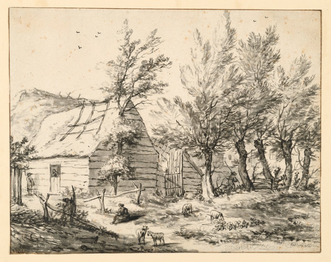 並木のポラードヤナギの後ろの農家 作： Adriaen van de Velde