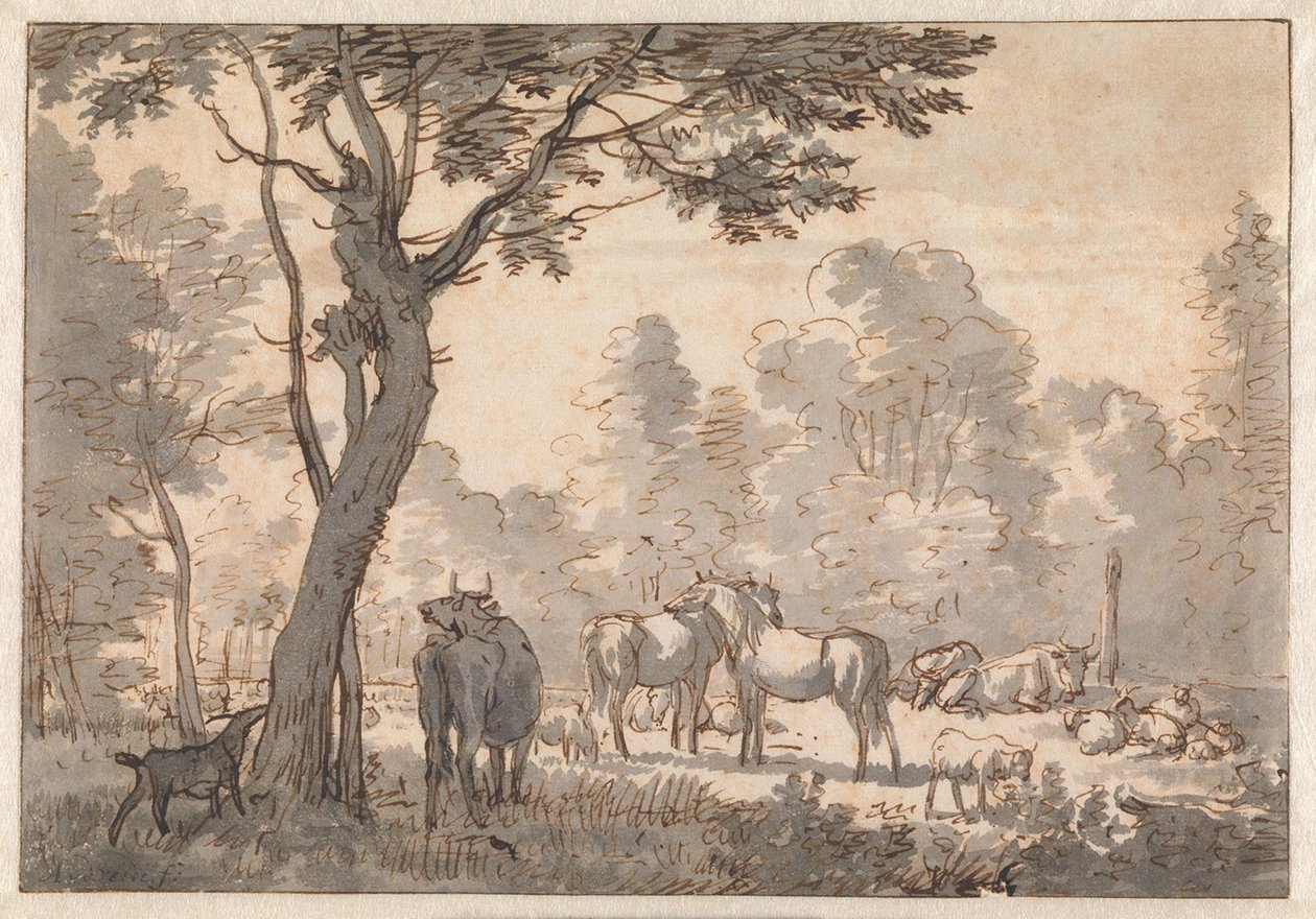 馬、牛、山羊のいる樹木豊かな風景 作： Adriaen van de Velde