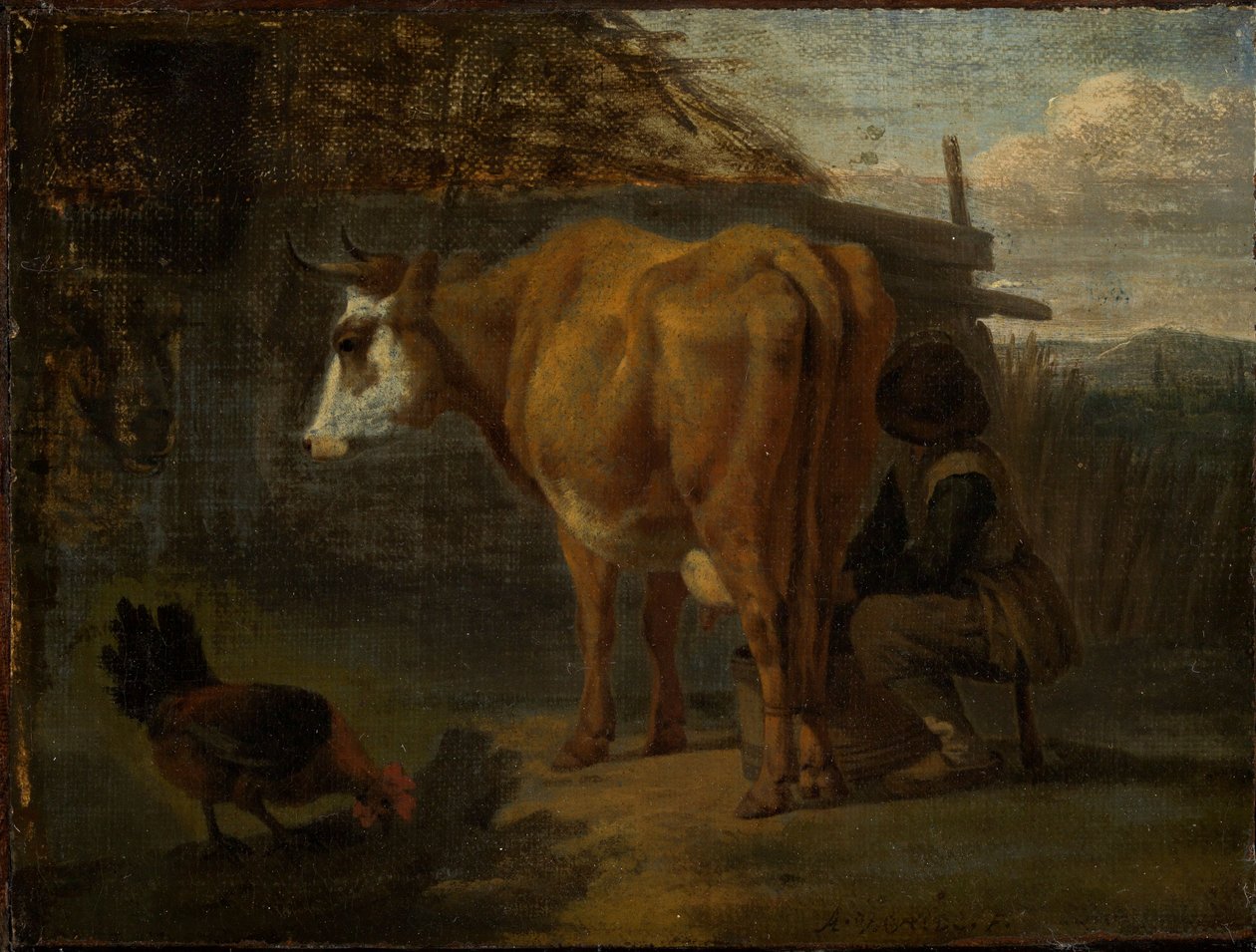 羊飼いに搾乳される茶色の牛 作： Adriaen van de Velde