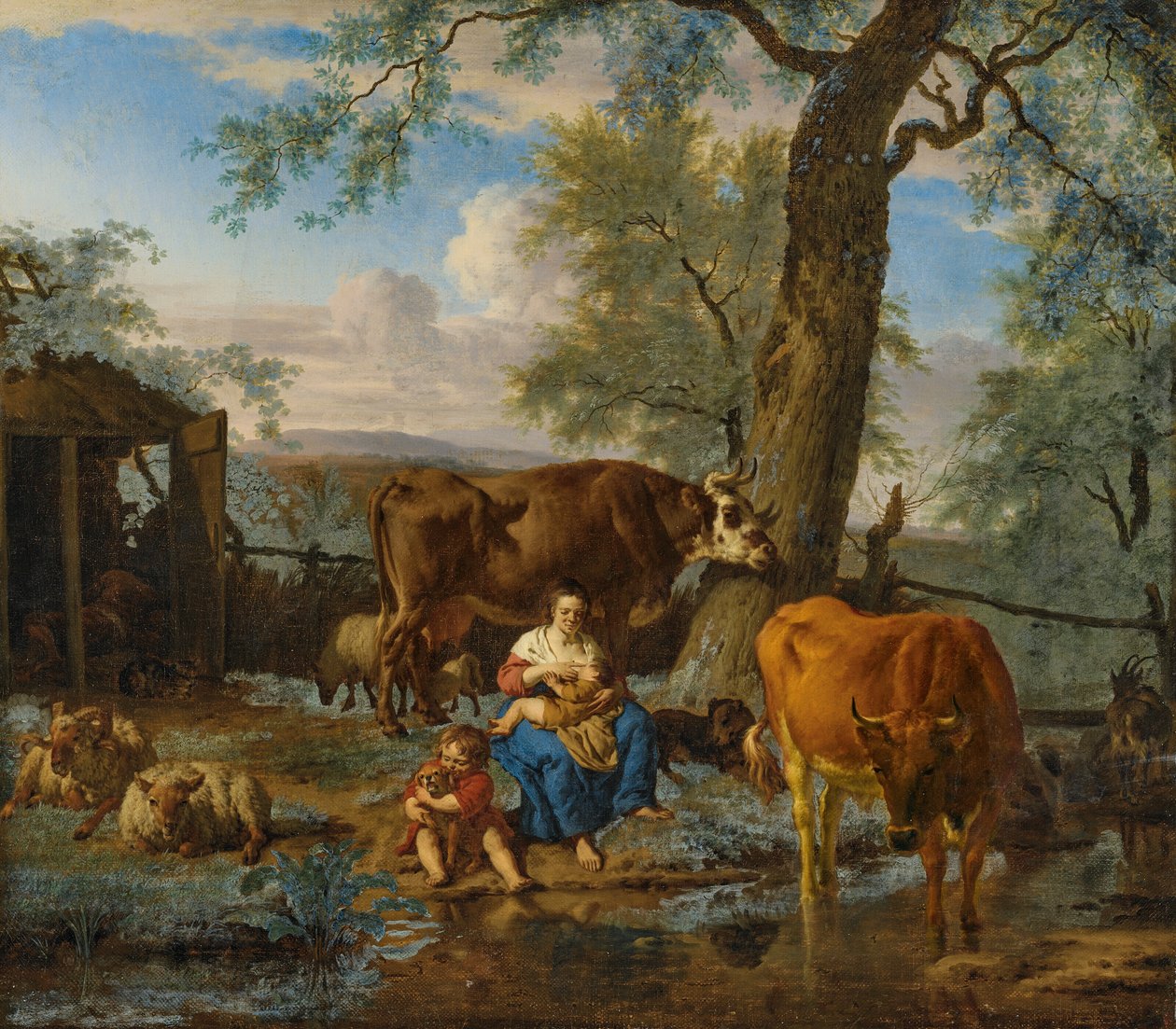 授乳中の女性と犬と遊ぶ子供と牛 作： Adriaen van de Velde