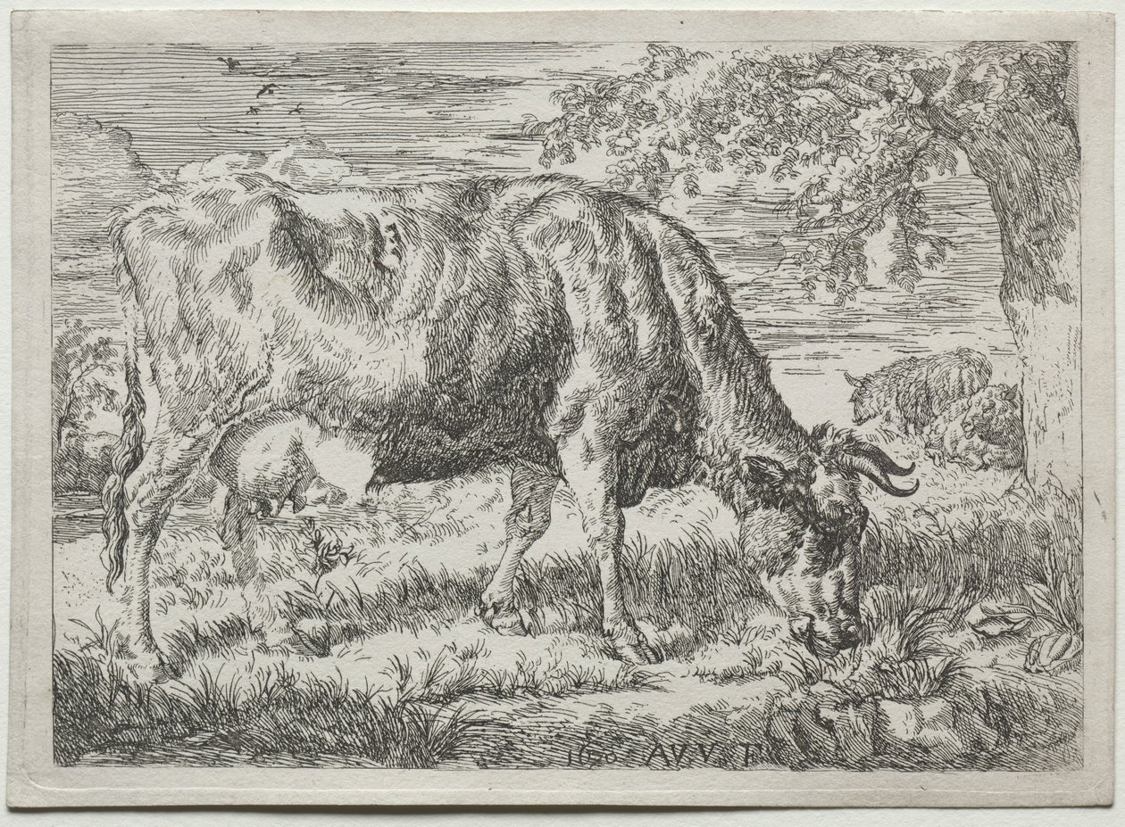 木のふもとの牛と二頭の羊、1670年。