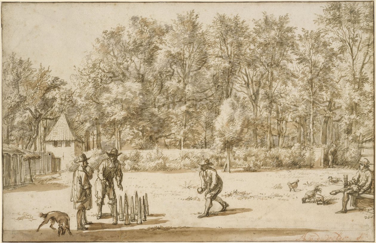 九柱戯をする三人の男 作： Adriaen van de Velde