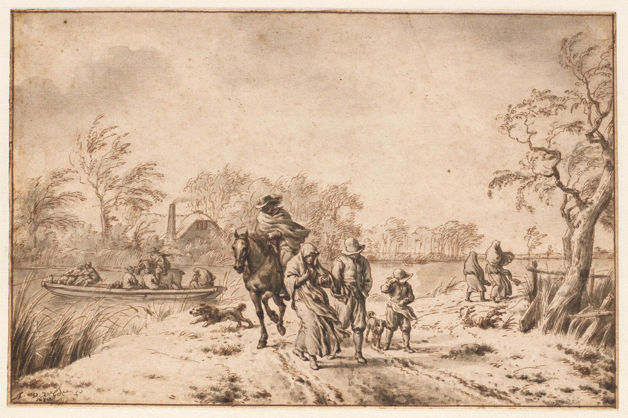 旅人と渡し船のいる秋の風景 作： Adriaen van de Velde