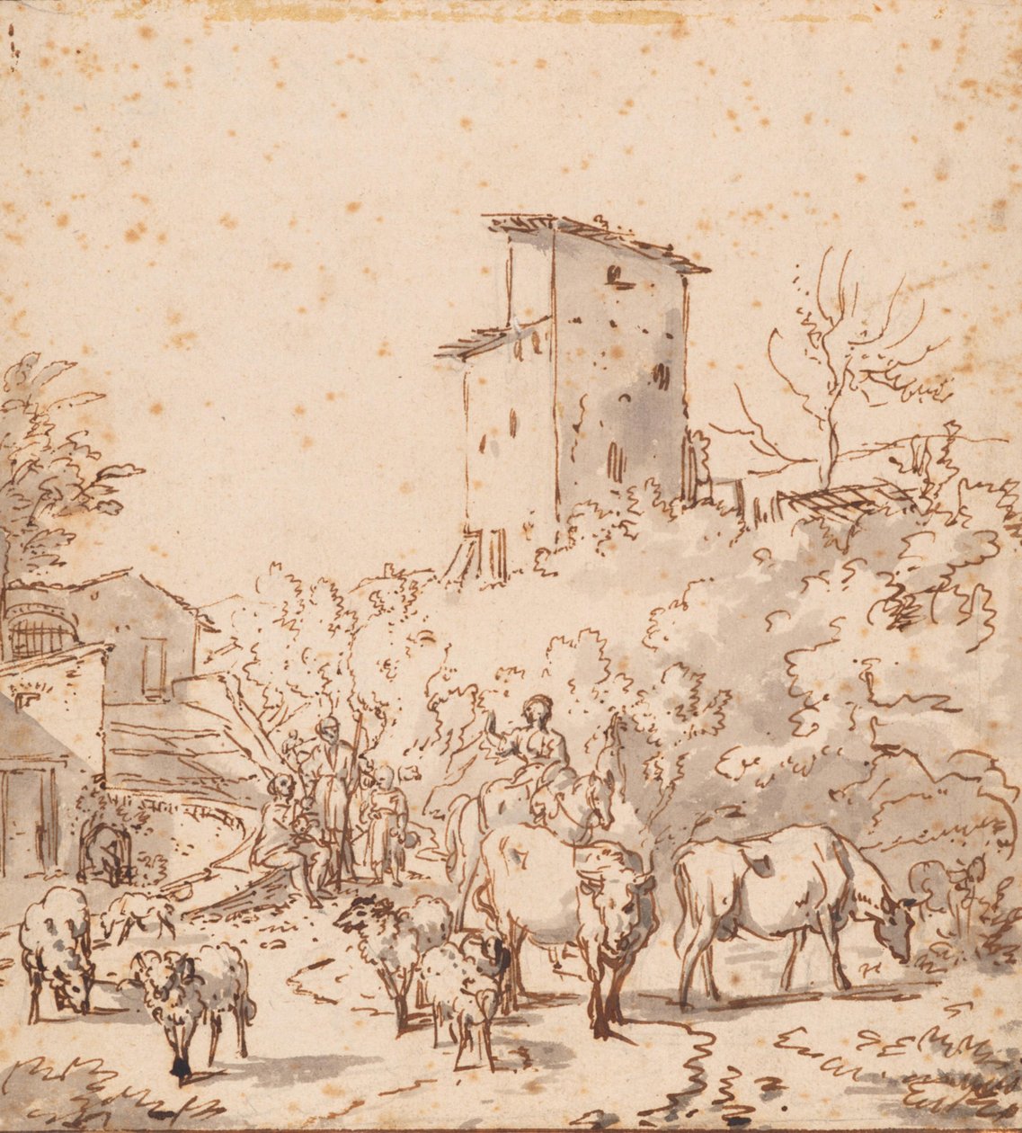 人々や家畜が描かれたイタリアの風景 作： Adriaen van de Velde