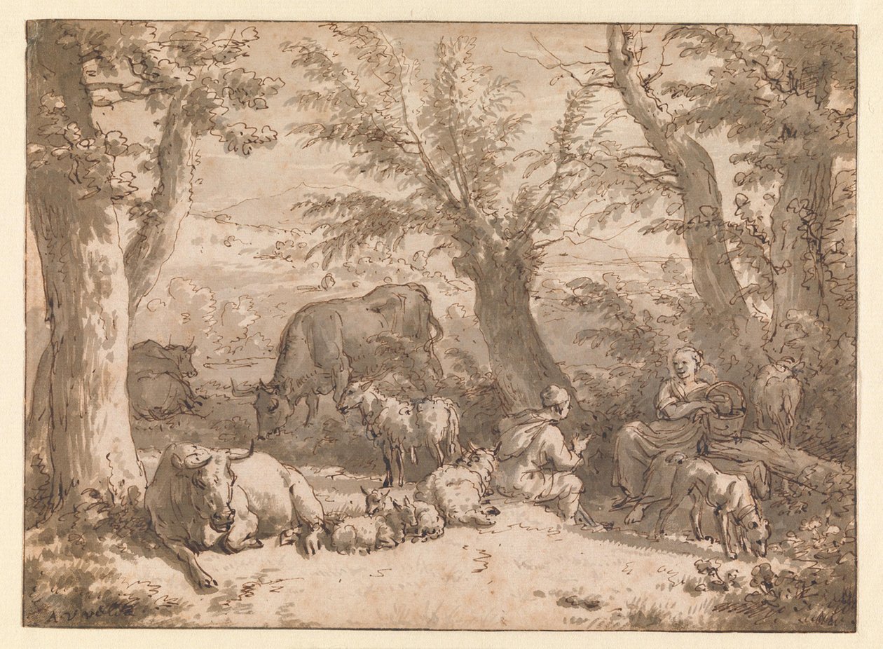 羊飼いの男と女、家畜のいる風景 作： Adriaen van de Velde