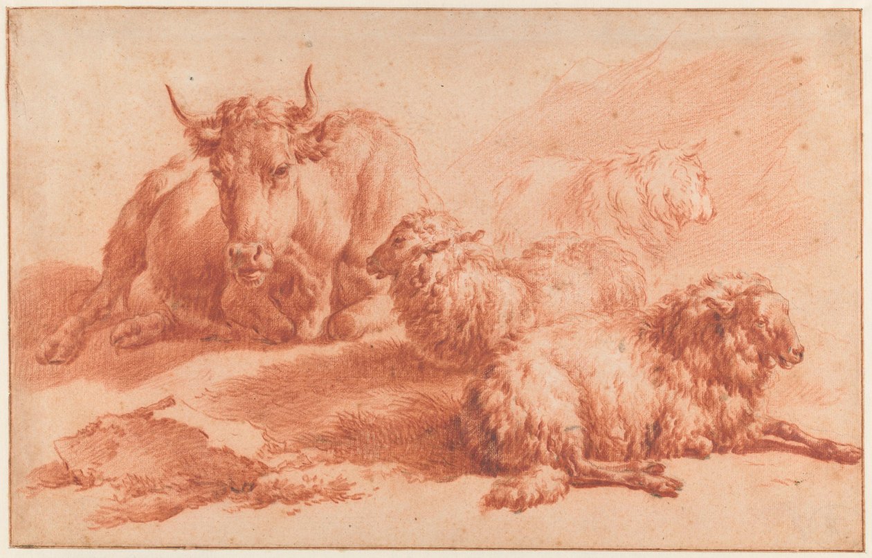 横たわる雌牛と3頭の羊 作： Adriaen van de Velde