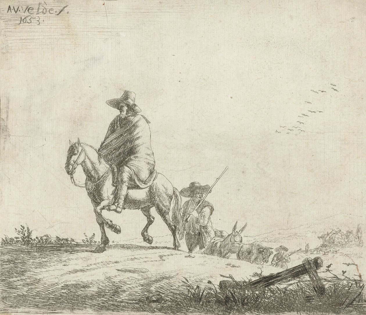未舗装の道路で牛とライダーと牧夫、1653年 作： Adriaen van de Velde