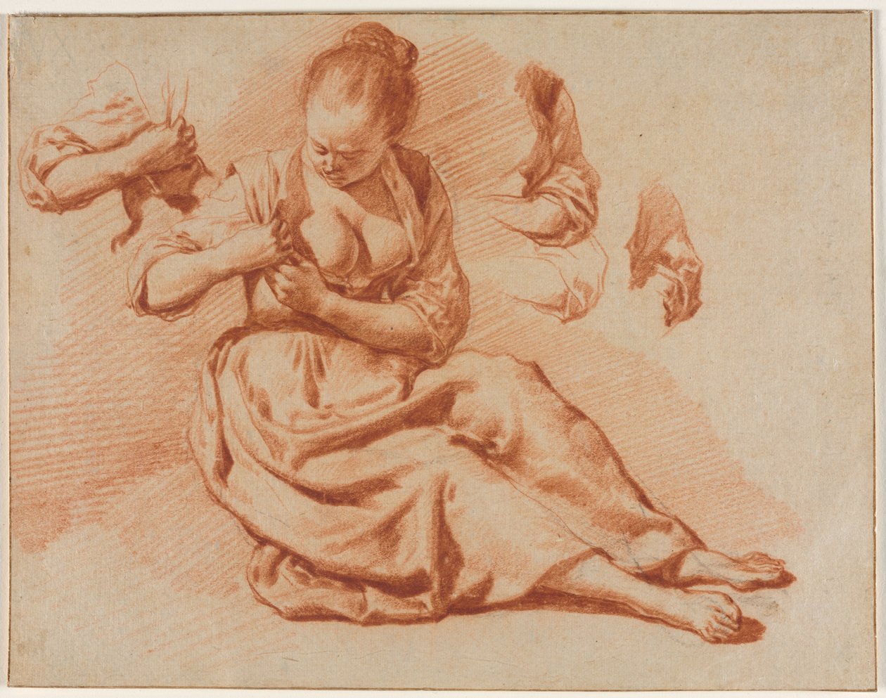 ノミを探して座っている女性 作： Adriaen van de Velde