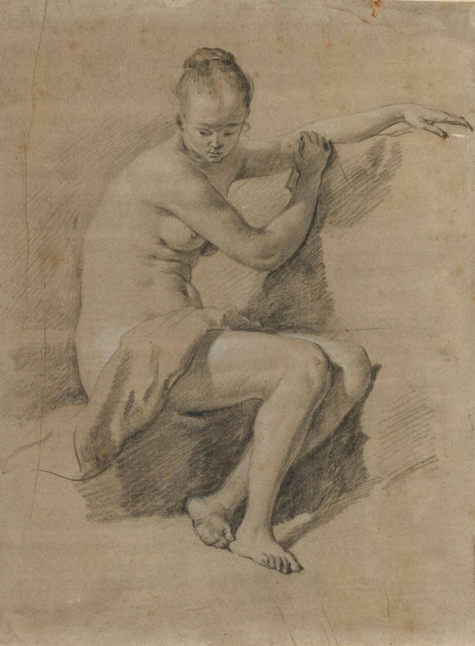 着席女性ヌード、1660〜70年頃（黒と白のチョーク画） 作： Adriaen van de Velde