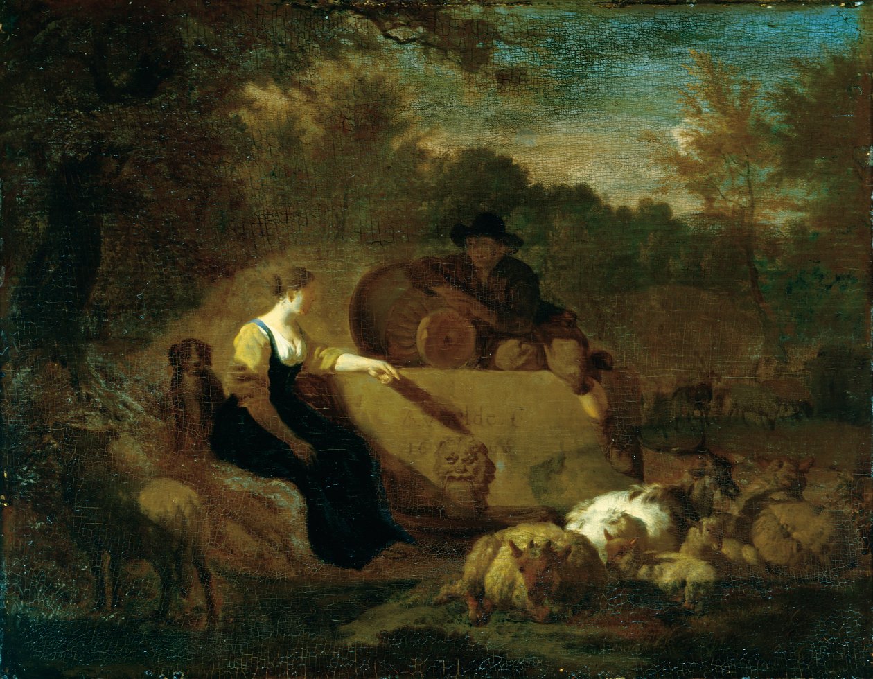 井戸のそばで羊の群れを囲む羊飼いと羊飼いの娘 作： Adriaen van de Velde