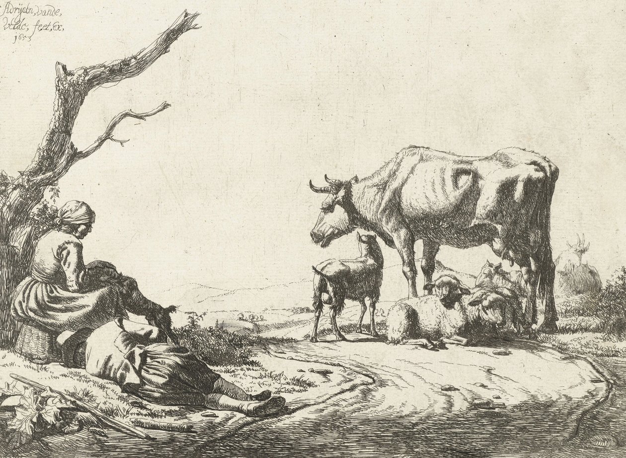 牛と羊飼いと羊飼い、1653年 作： Adriaen van de Velde