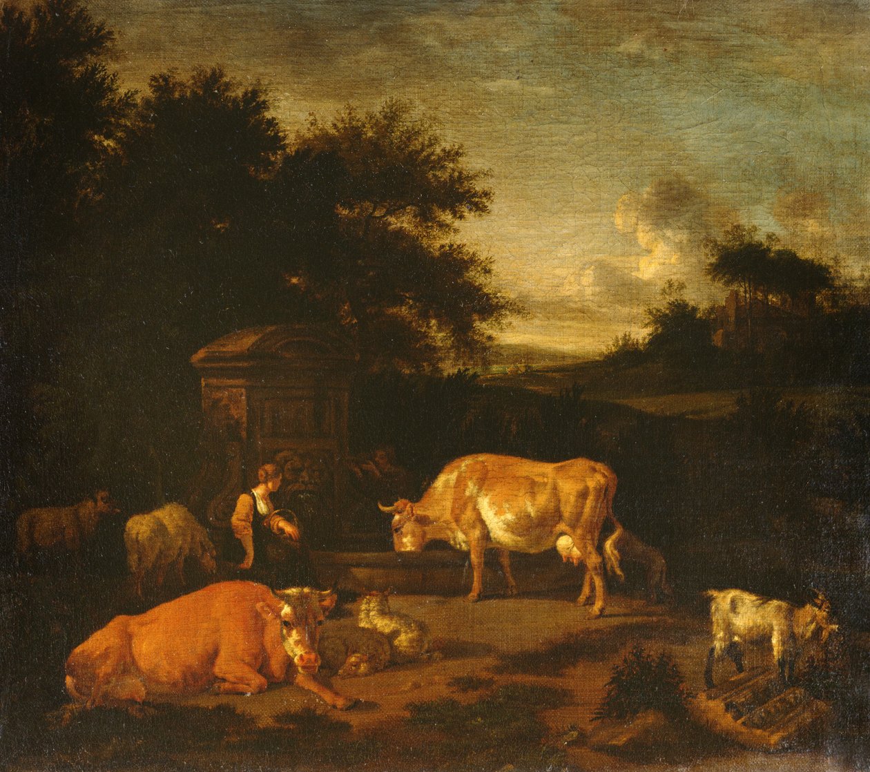 森の風景の中の古典的な噴水で羊飼いと群れを持つ群れの群れ 作： Adriaen van de Velde
