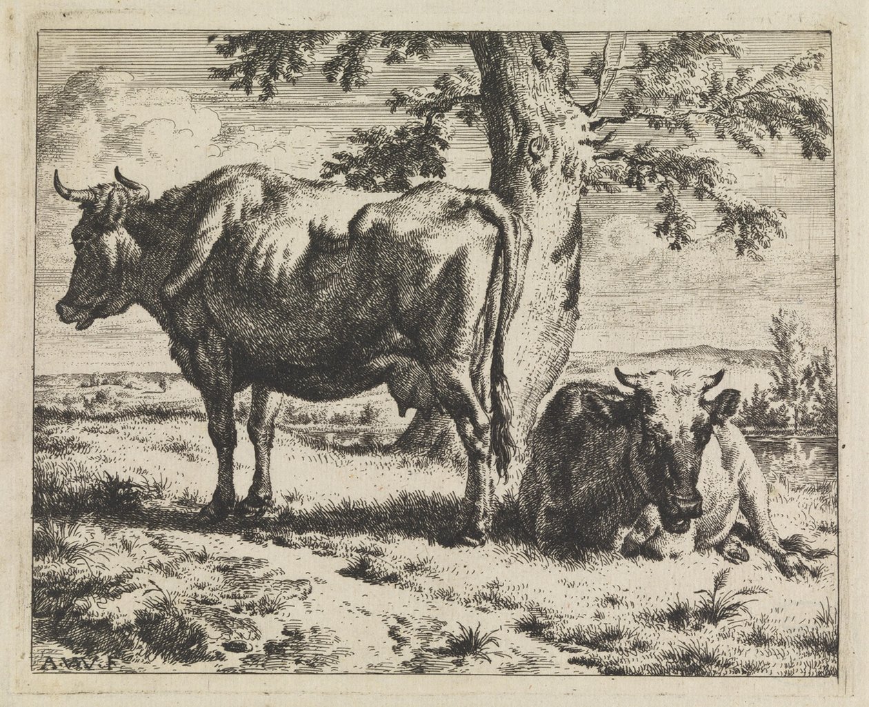 木の下の二頭の雌牛 作： Adriaen van de Velde