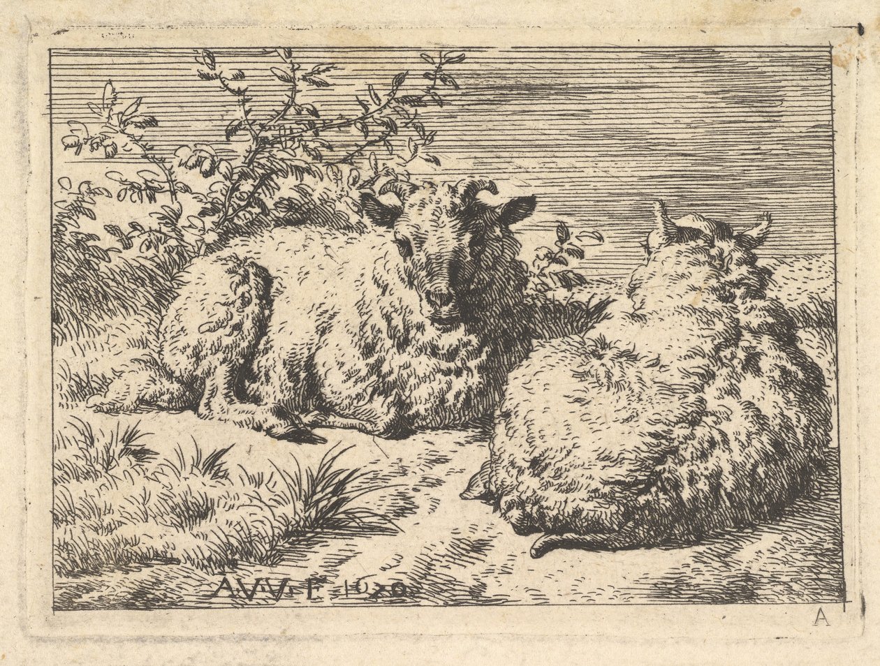 2人の横臥羊、1670年。 作： Adriaen van de Velde