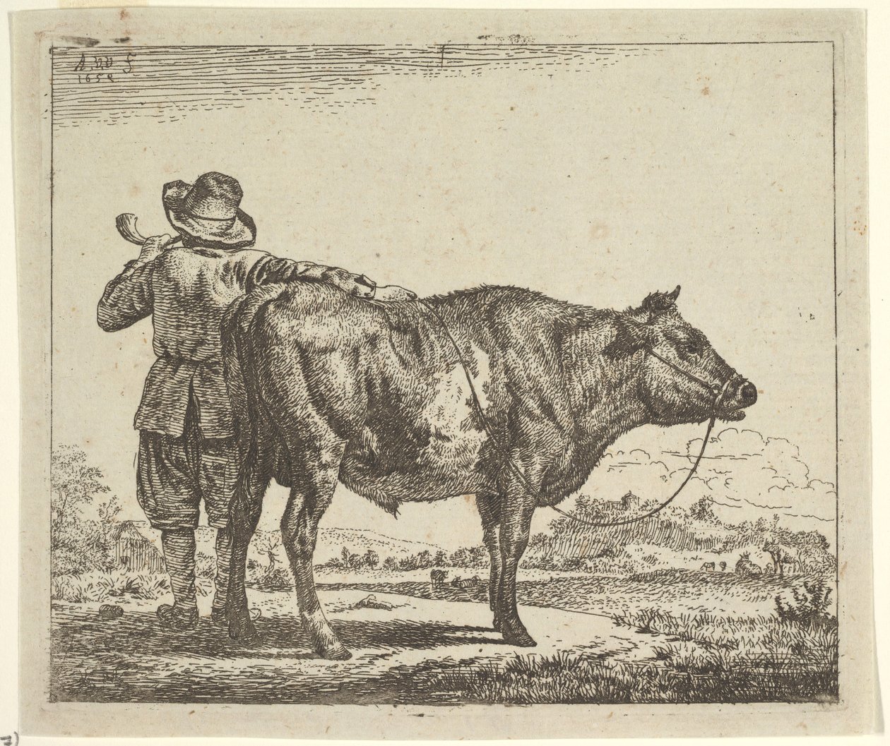 雄牛を連れた若い牧夫、「さまざまな動物」、1659 年。 作： Adriaen van de Velde