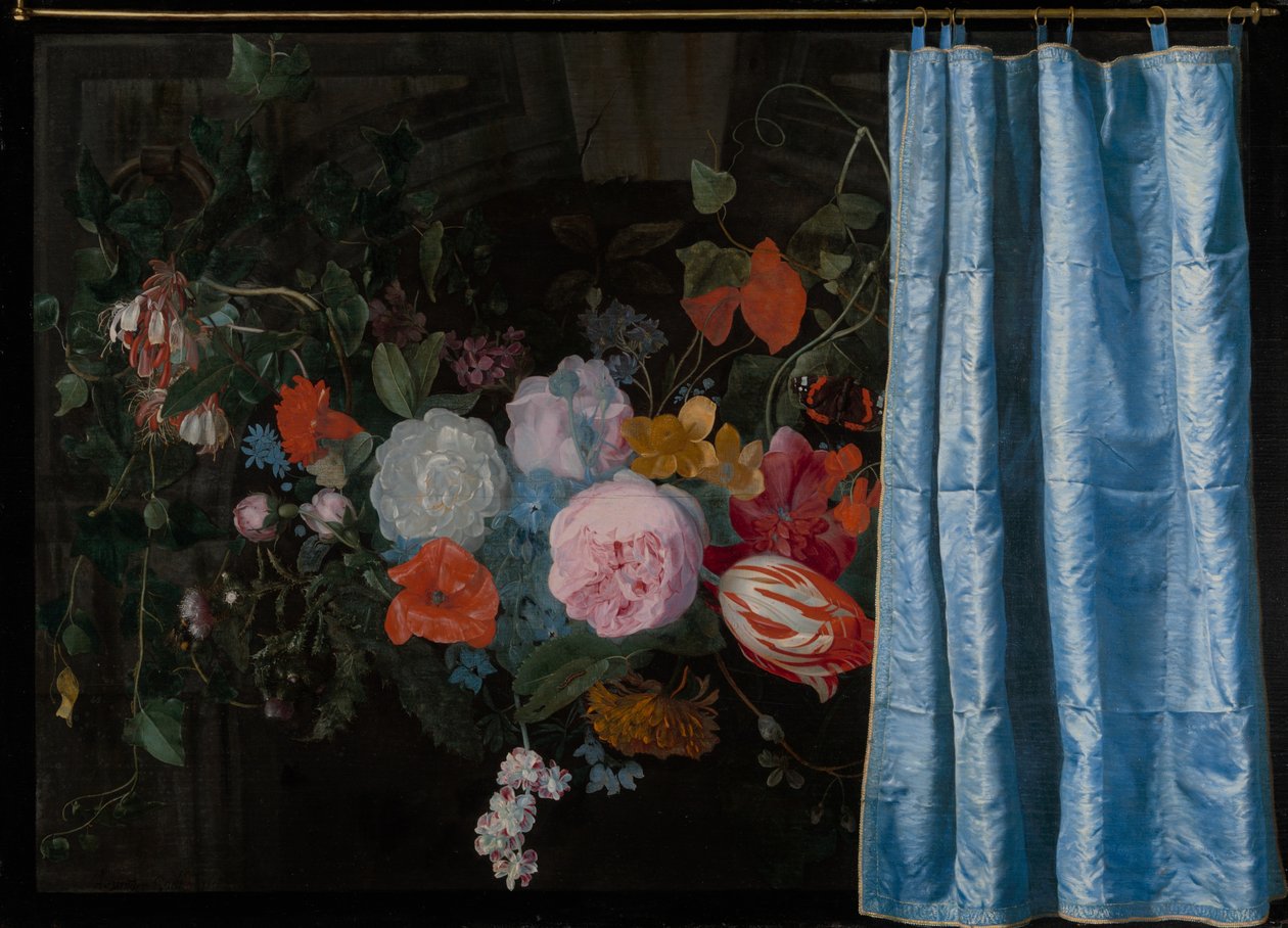 花のガーランドとカーテンのあるだまし絵の静物画 作： Adriaen van der Spelled