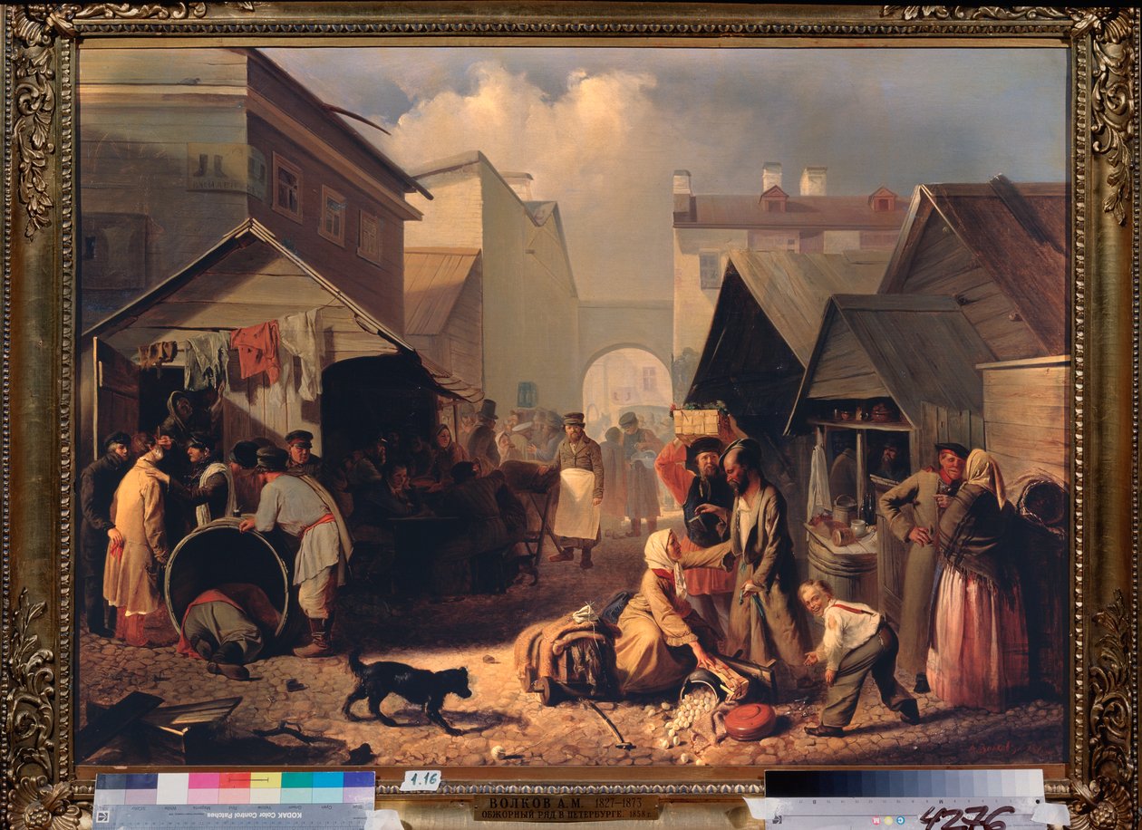 Buvette a Saint Petersburg (サンクトペテルブルクの軽食屋台) - Adrian Markovich Volkov (1827-1873) の絵画、キャンバスに油彩 作： エイドリアン・マルコビッチ・ボルコフ