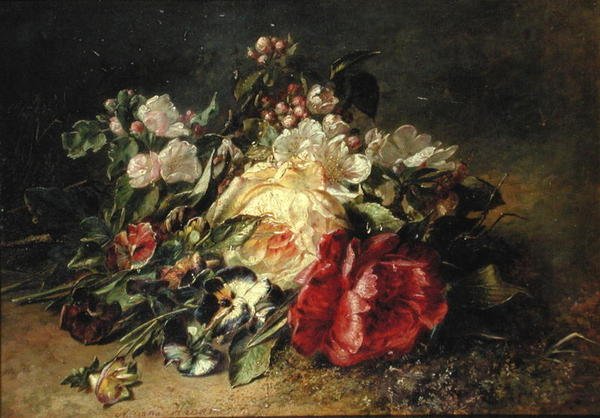薔薇とパンジーのある静物画（油彩・キャンバス） 作： アドリアナ・ジョアンナ・ハーネン