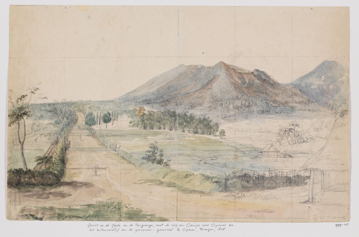 火山 Gedé と Pangrango、Cianjur-Cipanas 道路、Cipanas、プリアンガン、西ジャワの総督の田舎の邸宅の眺め 作： アドリアヌス・ヨハネス・ビック