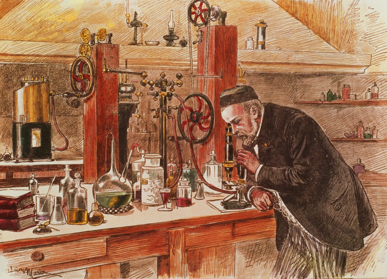 ルイ・パスツールが疎水性の治療法を実験室で実験中、1885年、パブ。 c.1895（印刷） 作： エイドリアン・エマニュエル・マリー
