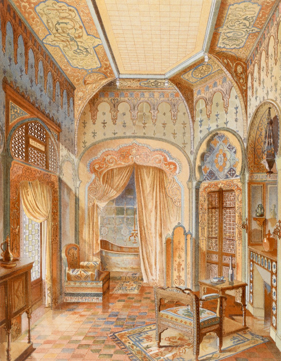 ムーア様式のバスルーム インテリア、1893 ～ 94 年頃に出版された「La Decoration Interieure」のイラスト（カラー リソ） 作： エイドリアン（後）シモーネトン