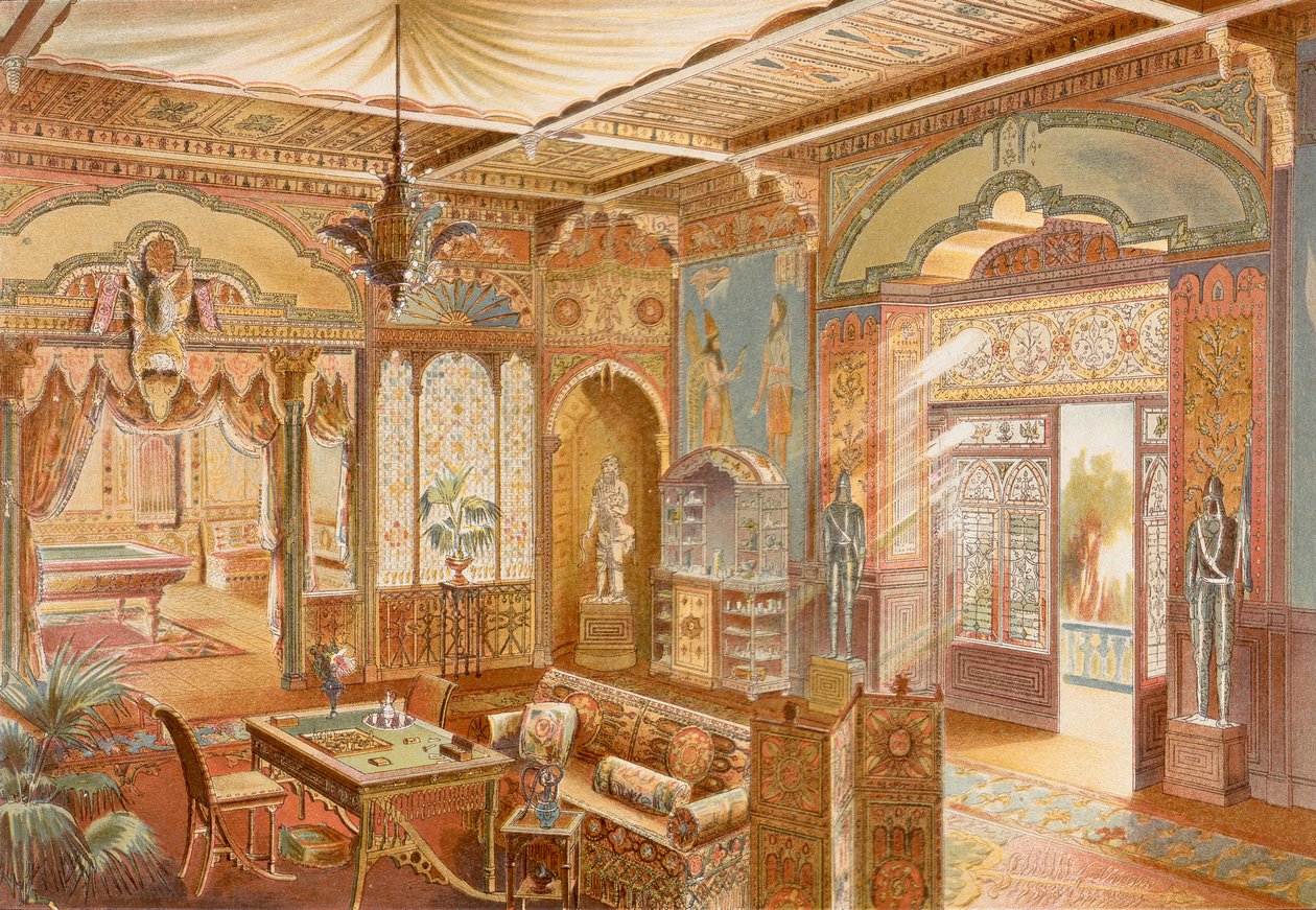 アッシリア風のゲームルーム、1893～94年頃に出版された「La Decoration Interieure」のイラスト（カラーリソ） 作： エイドリアン（後）シモーネトン