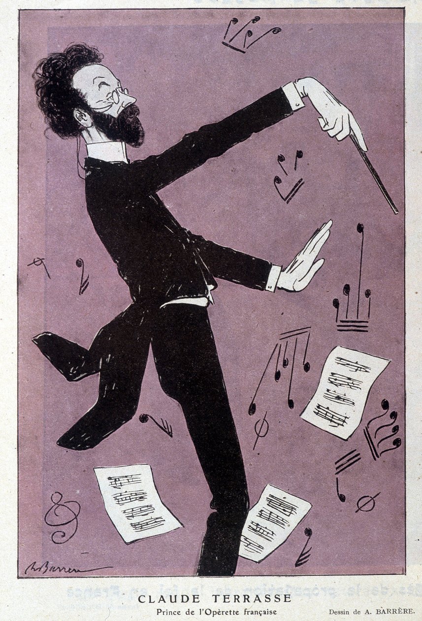 フランスの作曲家、クロード・アントワーヌ・テラッセ（1867-1925）の漫画。オペレット・フランセーズのプリンス。ファンタジオ』にて。バレールの絵。 作： エイドリアン・バレレ
