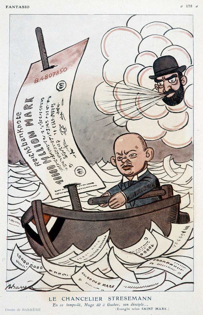 ドイツの首相Gustav Stresemann（1878-1929）とマルクの切り下げに関する漫画 - Adrien Barrere（1877-1931）が1923年11月1日の「Fantasio」に描いたもの。 作： エイドリアン・バレレ